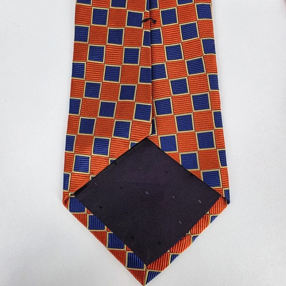 Paul Fredrick‎ Geometric Silk Necktie Mens Orange Blue Check Pattern